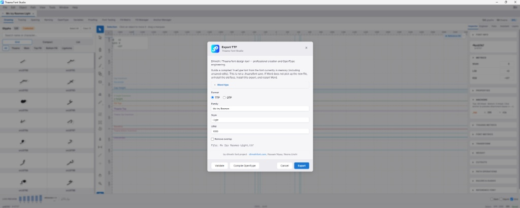 Dhivehi Font Studio export and compile interface