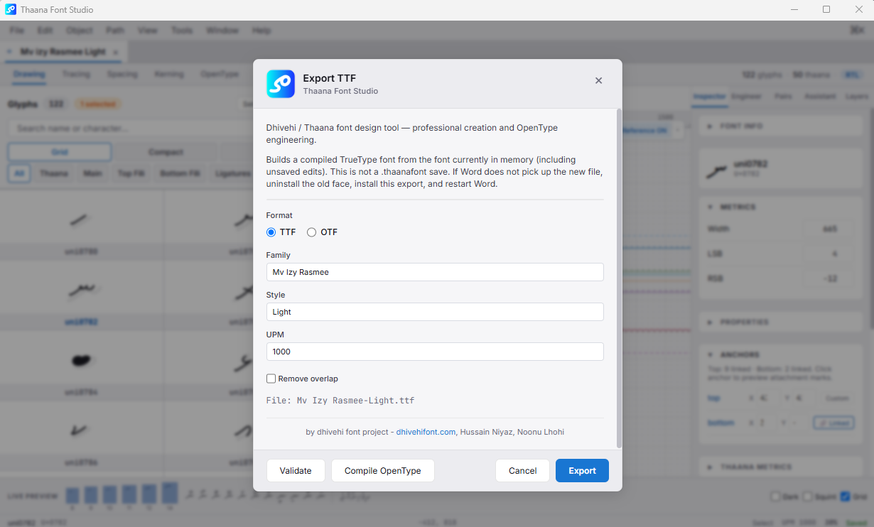 Dhivehi Font Studio export dialog