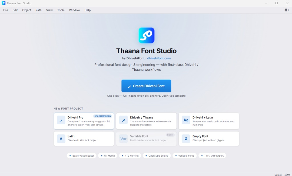 Dhivehi Font Studio start screen